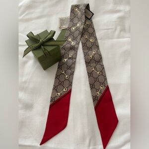 Brand New Gucci GG print silk neck tie with Horsebit motif Red